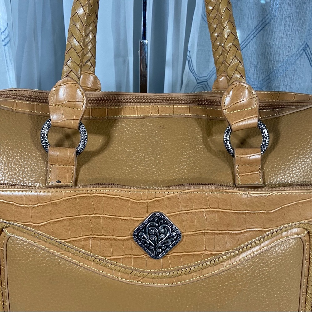 Vtg Coldwater Creek Embossed Tote Purse Document File Bag Silver Hardware Tan - Picture 4 of 15